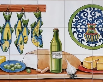 Mural Azulejos de Cocina - Azulejos Pintados a Mano "Comida y Vino" / Ref. PT2177