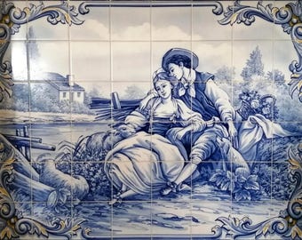 Murale portoghese dipinto a mano su piastrelle "Scena romantica" / Rif. PT2309