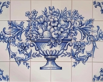Salpicadero de azulejos portugueses - Azulejos pintados a mano "Flores y limones" / Ref. PT2239