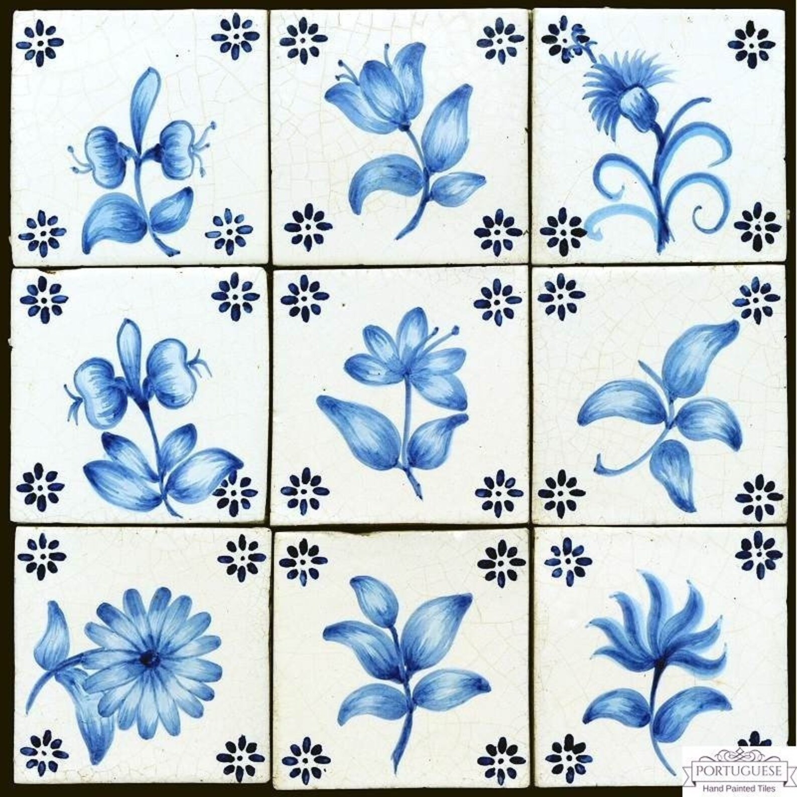 9 Hand Painted Decorative Wall Tiles with Blue Flowers Ref. Etsy