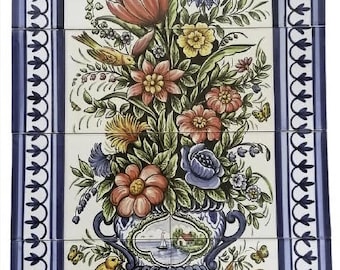 Colourful Tile Mural - Hand Painted & Signed by Artist &quot;Flowers and Birds&quot; Portuguese Tiles | Ref. PT2147
