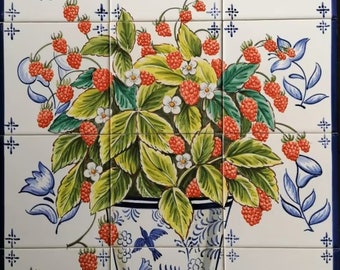 Raspberries Portuguese Azulejos Tile Mural - Hand Painted & Signed by Artist | Ref. PT2155