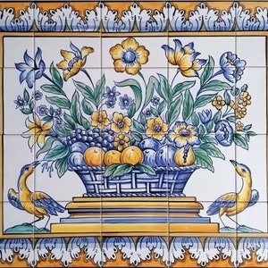 Portuguese Tile Backsplash - Hand Painted Tiles "Colourful Fruit and Flower Basket" | Ref. PT2245