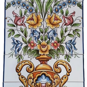 Ceramic Tile Mural with a Colourful Flower Vase - Hand Painted & Signed by Artist | Ref. PT2246