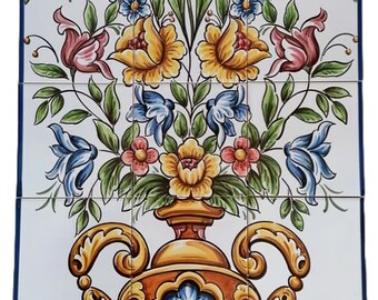 Portuguese Tile Mural - Hand Painted Indoor/outdoor Tiles "Colourful Flower Vase" | Ref. PT2246