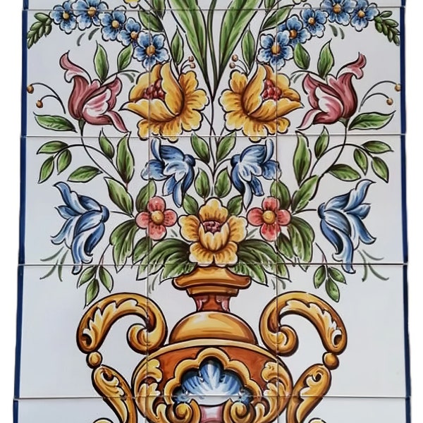 Portuguese Tile Mural - Hand Painted Indoor/outdoor Tiles "Colourful Flower Vase" | Ref. PT2246