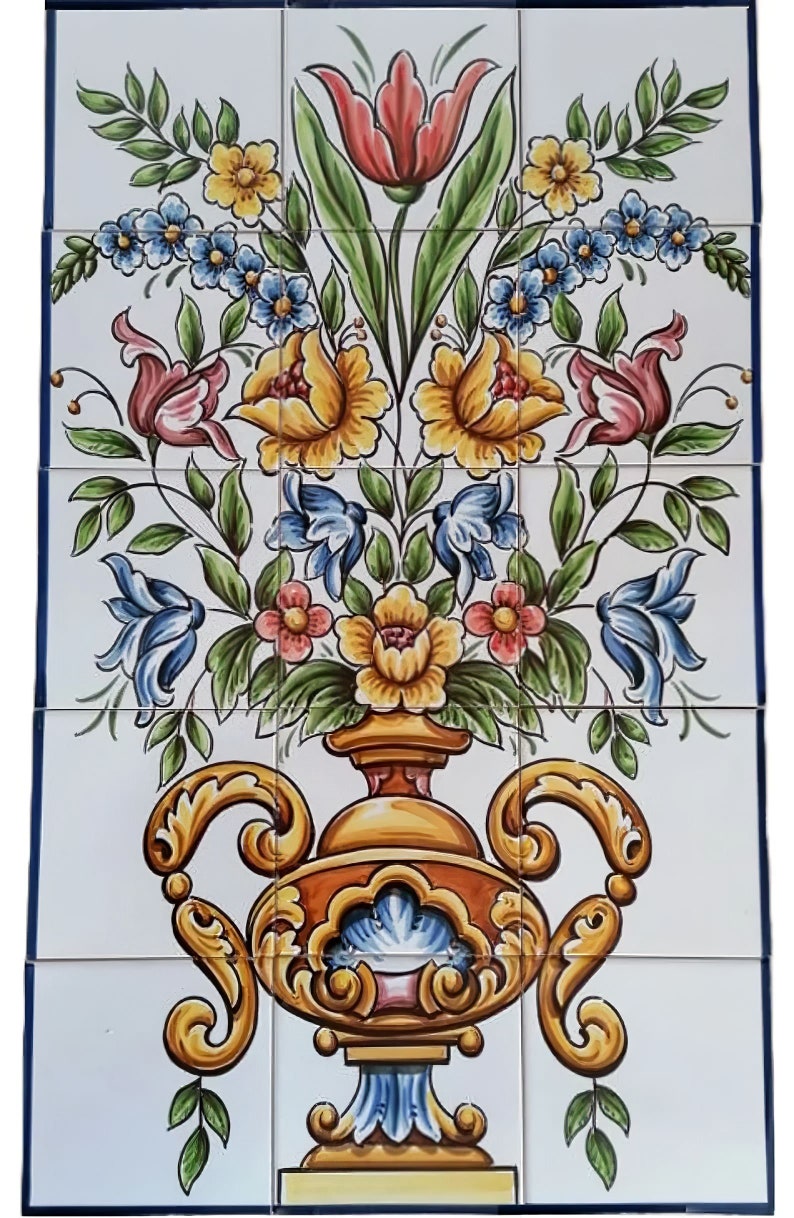 Ceramic Tile Mural with a Colourful Flower Vase - Hand Painted & Signed by Artist | Ref. PT2246