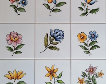 Azulejos florais pintados à mão - 9 flores coloridas - Azulejos portugueses | Ref. PT2318