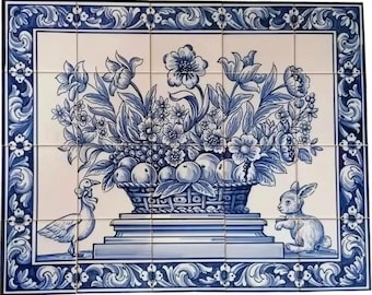 Portuguese Kitchen Hand Painted Tiles - Fruit and Flower Basket, Rabbit & Duck | Ref. PT2189