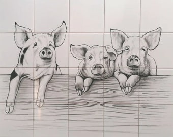 Kitchen Tile Backsplash - Hand Painted Portuguese Tiles "Pigs" | Ref. PT2067