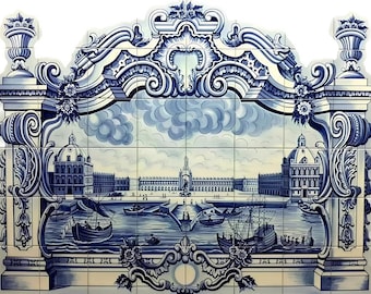 Portugalski mural z płytek azulejos malowany ręcznie „Lizbona, Portugalia” – 120 cm szer. x 90 cm wys.