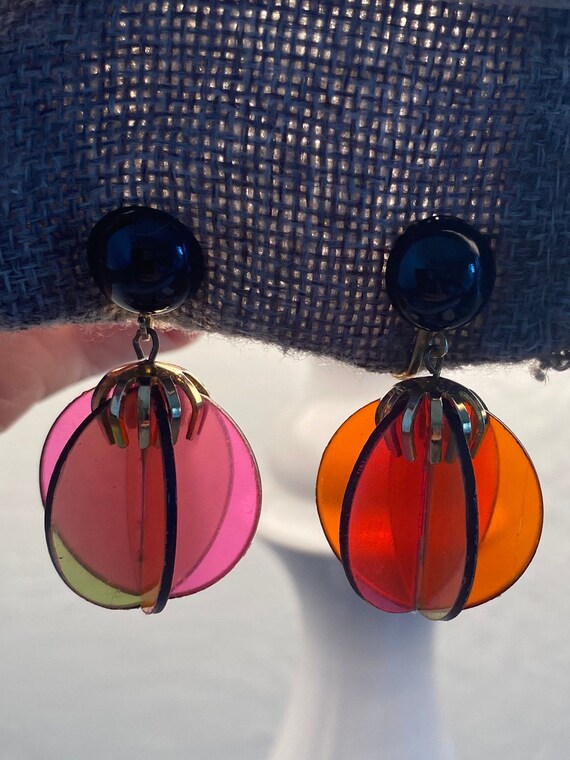 Vintage Plastic Drop Earrings Mod Multi Colored C… - image 9