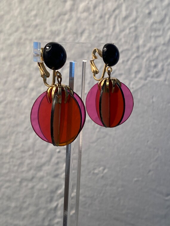 Vintage Plastic Drop Earrings Mod Multi Colored C… - image 3