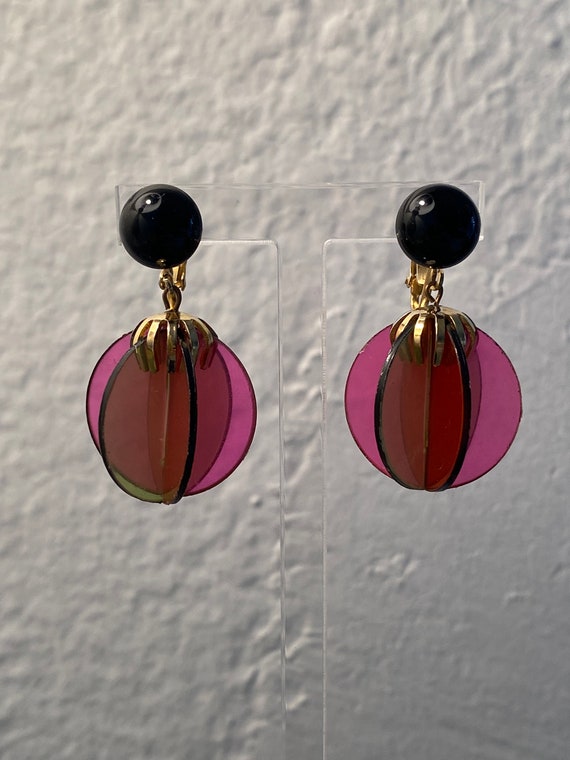 Vintage Plastic Drop Earrings Mod Multi Colored C… - image 2