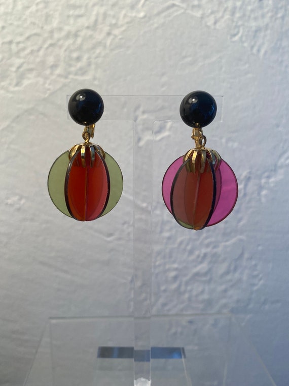 Vintage Plastic Drop Earrings Mod Multi Colored C… - image 1