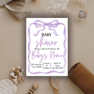 Purple Bow Baby Shower Invitation Set | Digital Download