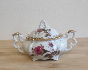 Vintage Moss Rose Bone China Sugar Bowl w/ Lid/Sugar Bowl w/Lid Small Gold Cottage Chic, Collectible