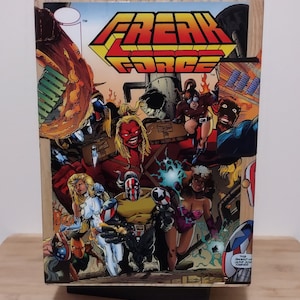 FREAK FORCE comic book solid wood bin, Up cycled comic book home decor, recycled art, vintage comic book into art
