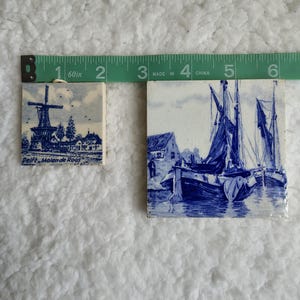 Mid Century Decorative Tiles, 2&quot; Miniature Hanging Delft Tile Molen de Roos, 4&quot;Dutch Vintage Ship Blue and White Title, Set of two tiles