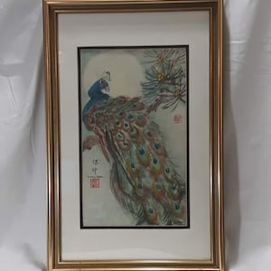 Watercolor Peacock on Rice Paper By Darlene Kaplan Signed Framed 24&quot;x14&quot;, Peacock Wall Art, Wall Art, Vintage Peacock Painting, Original Art