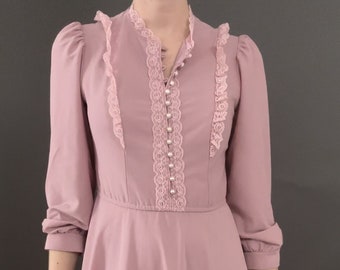 70s Vintage Women's Small/Medium Pink Lace Prairie Dress, Boho Chic, V-Neck