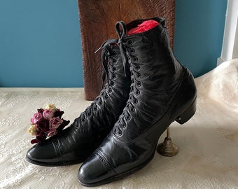 Antique 19th Century Victorian Black Leather Lace Up Boots. The Duchess