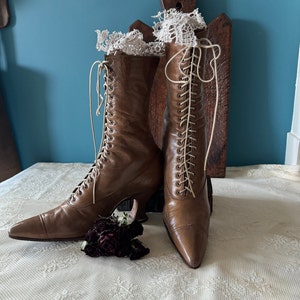 Antique Victorian or Edwardian Brown Cognac Leather Lace Up Boots Museum Quality. The Duchess