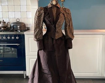 Antique Victorian silk & brocade dress bodice skirt Puff Sleeves 1890s. The Duchess