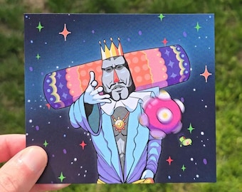 May include: Square art print depicting a cartoon king with a crown, holding a colourful object. The king wears a blue and purple outfit against a starry background with colourful stars and a pink orb.