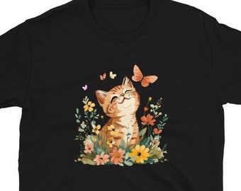 Cat Shirt  Flower Floral Kitty Drawing T-Shirt Unisex T-Shirt