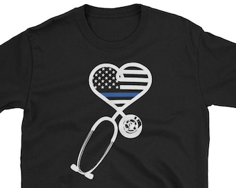 Delgada línea azul Policía Esposa Enfermera Camisa Camiseta Enfermera Back the Blue Flag Camiseta Unisex