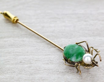 Vintage Spider Pin Sterling silver Jade Jadite? Vintage jewelry Bug Collectible Jewelry runway fashion LA eb