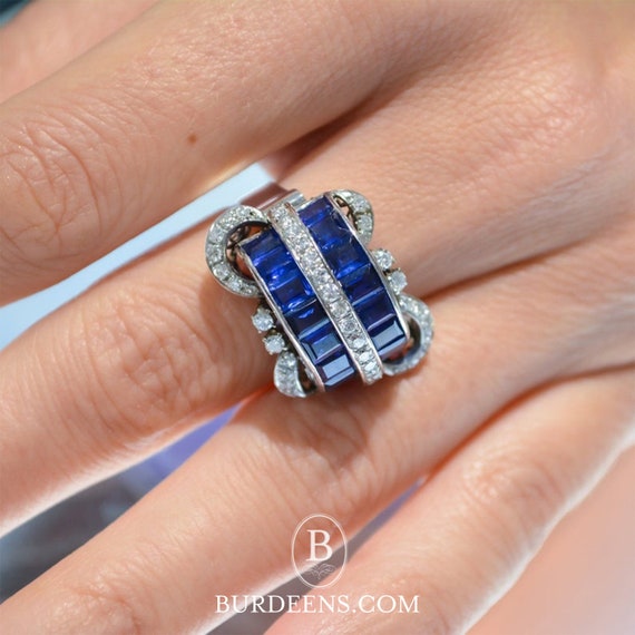 Art Deco Diamond and Blue Sapphire Ring - image 3