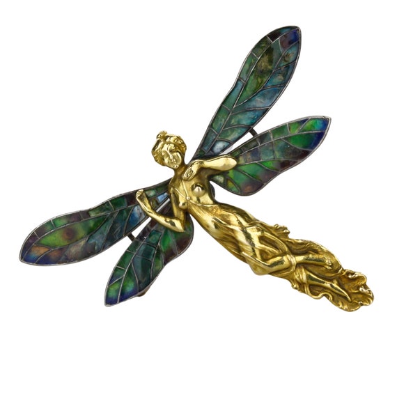 Art Nouveau Butterfly Pin with Enamel Wings - image 1