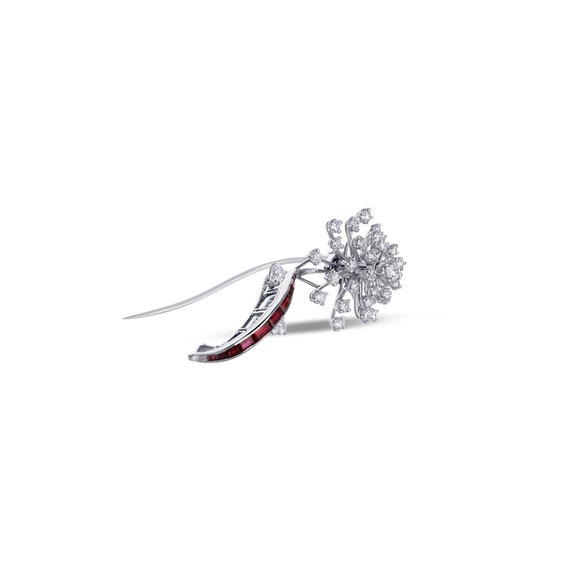 Platinum Diamond Flower With Ruby Stem Pin Rubies - image 4