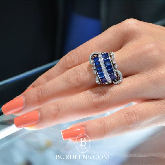 Art Deco Diamond and Blue Sapphire Ring - image 2