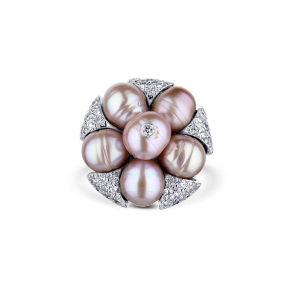14k White Gold Ring Featuring 6 Pink Ringed Potat… - image 1