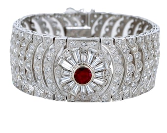 Art Deco Diamond and Burmese Ruby Cuff Bracelet