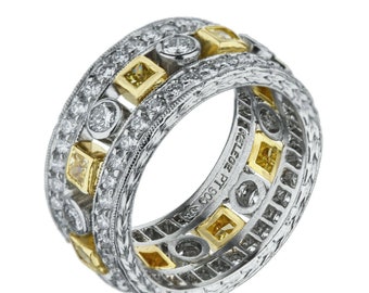 Jack Kelege Platinum & 18 Yellow Gold Princess Cut Yellow Diamond and White Diamond Band