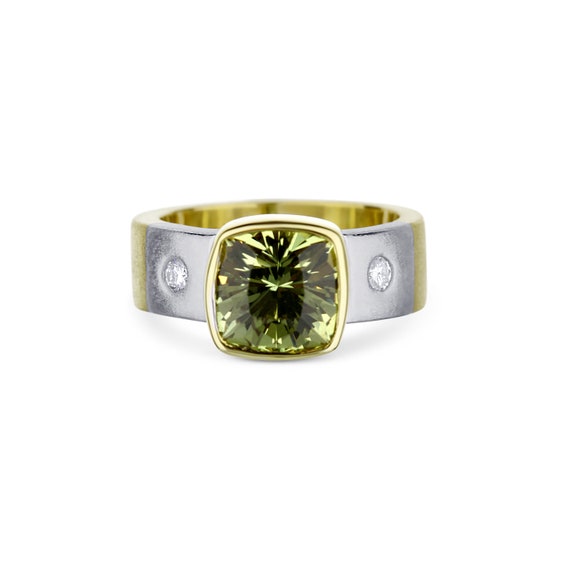 Platinum & 18K Yellow Gold Peridot and Diamond Rin