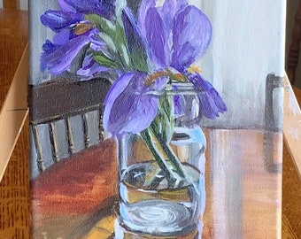 ORIGINAL Floral Painting of PURPLE IRIS in Vase; Still Life on 10 x 8 inch Canvas Board; Purples and Blues; Impressionist Spring Home Decor