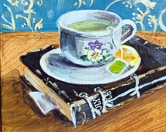 ORIGINAL Acrylic Painting of BIBLE with Cup of TEA on 10 x 8 Canvas; small impressionist still life of daily Bible reading; Book; Coffee Mug