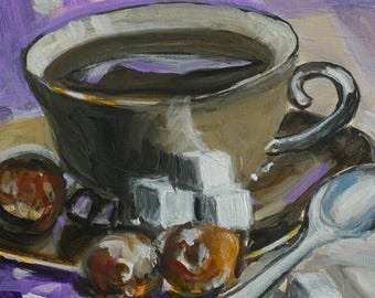 ORIGINAL Teacup Still Life Acrylic Painting | Purple Morning Brew | Small Square Canvas Kitchen Wall Art | Coffee Cup Donut Holes Painting