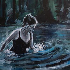 ART PRINT of Woman Swimming at Night; Twilight Swim in Lake; Print of Original Acrylic Painting; Living Room Decor; Multiple Sizes Available