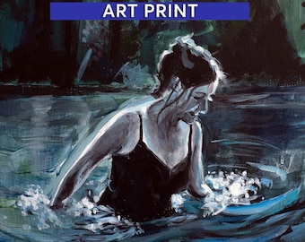 ART PRINT of Twilight Swim, Woman in Oregon Lake; Print of Original Acrylic Painting; Living Room Decor; Multiple Sizes
