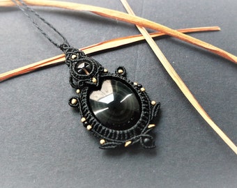 Rainbow Obsidian Pendant Macrame Gemstone Necklace Protection Amulet Mens Boho Necklace Black Obsidian Necklace
