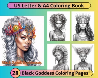 Kleurboek Black Goddess: 28 afdrukbare grijswaardenpagina's (pdf)