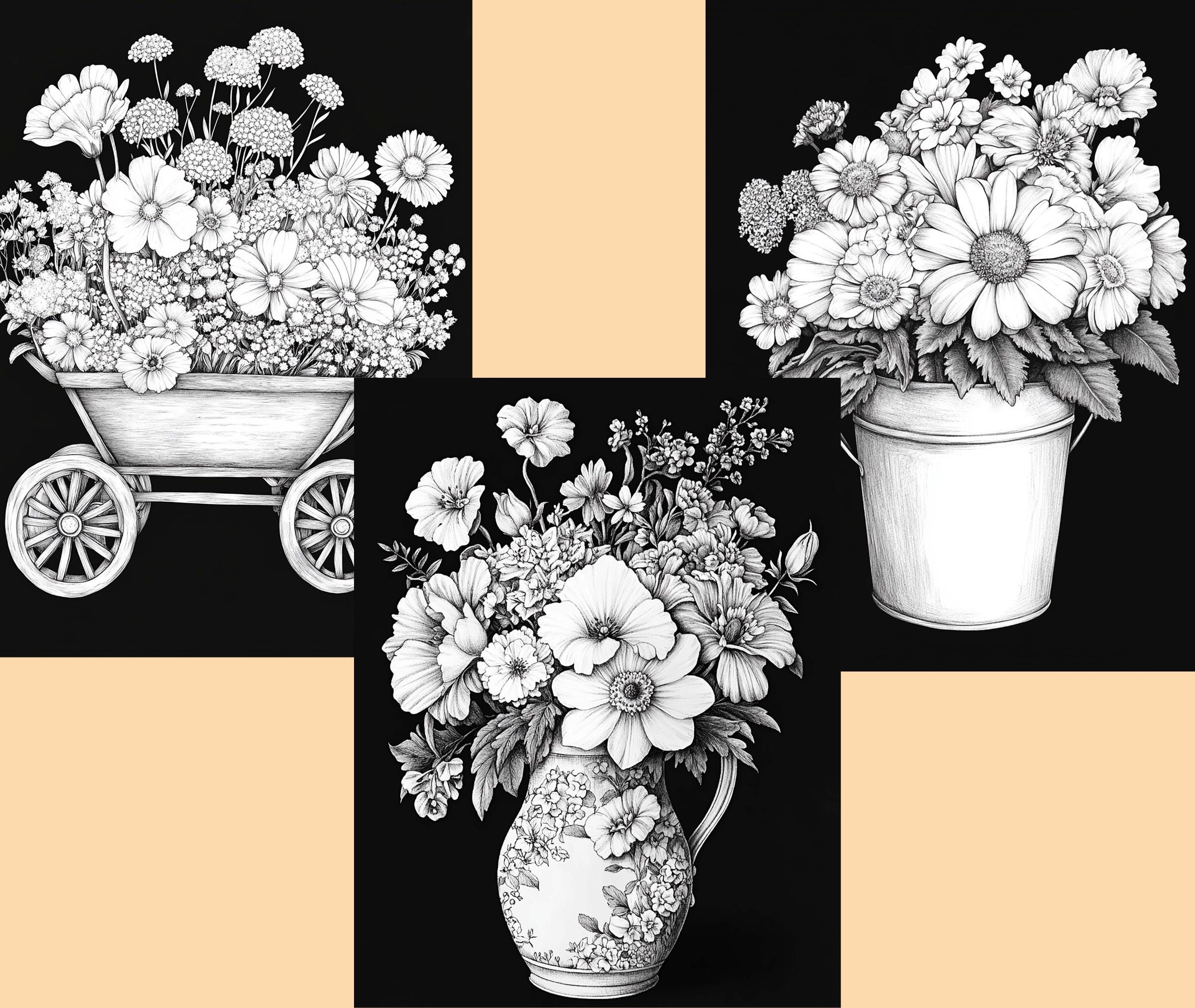 Flower Coloring Pages for Adults: Black Background, Commercial Use (PDF ...