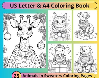 Kleurboek Animals in Sweaters: 25 grijstintenpagina's (digitale pdf-download)