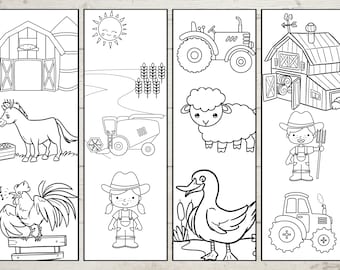 Marcadores de livros para colorir com tema de fazenda: Lembrancinhas para festa com tema de trator no celeiro (Download em PDF)
